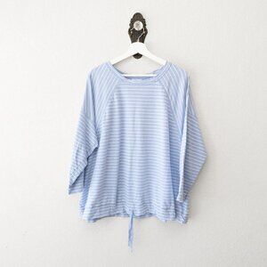 J Jill Blue White Striped Pullover Top XL Tie Hem Lightweight 3/4 Sleeve Relaxed
